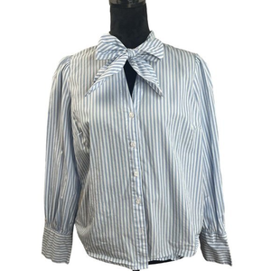 Who What Where Women Shirt Top Blouse Striped White Blue Medium  Gathered‎ Neck